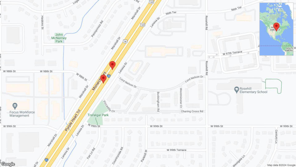 A detailed map that shows the affected road due to 'Broken down vehicle on eastbound I-35 in Lenexa' on July 24th at 8:26 p.m.