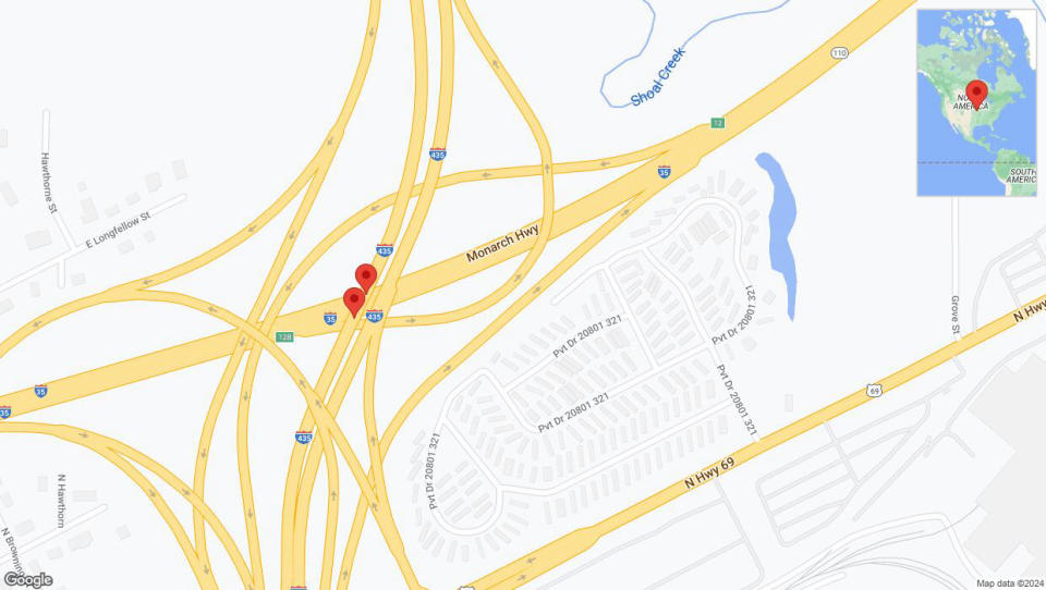 A detailed map that shows the affected road due to 'Broken down vehicle on southbound I-435 in Kansas City' on July 24th at 5:14 p.m.