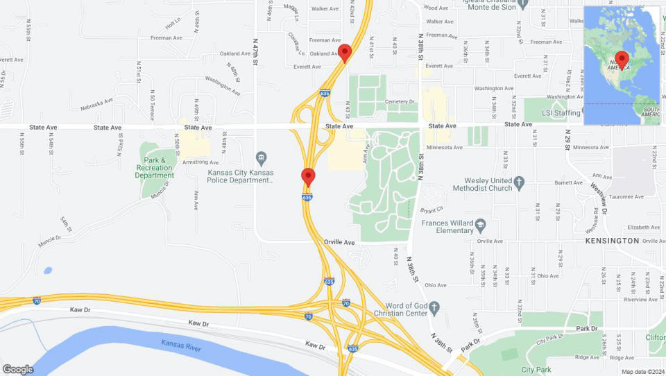 A detailed map that shows the affected road due to 'Lane on I-635 closed in Kansas City' on July 24th at 11:20 p.m.