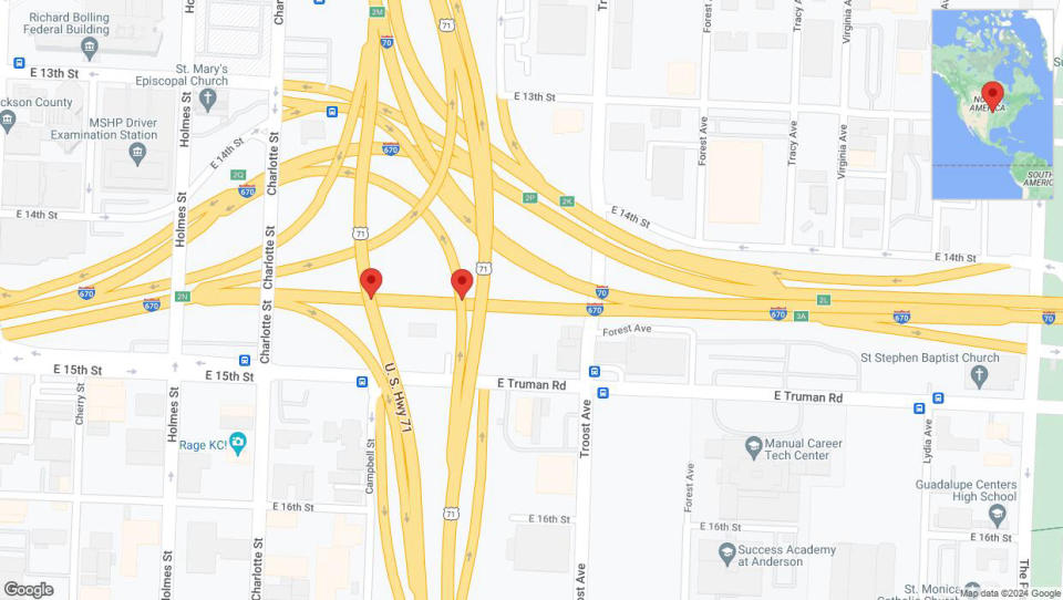 A detailed map that shows the affected road due to 'Broken down vehicle on eastbound I-670 in Kansas City' on July 24th at 11:20 p.m.