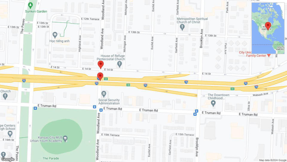 A detailed map that shows the affected road due to 'East 14th Street temporarily closed in Kansas City' on July 24th at 7:50 p.m.