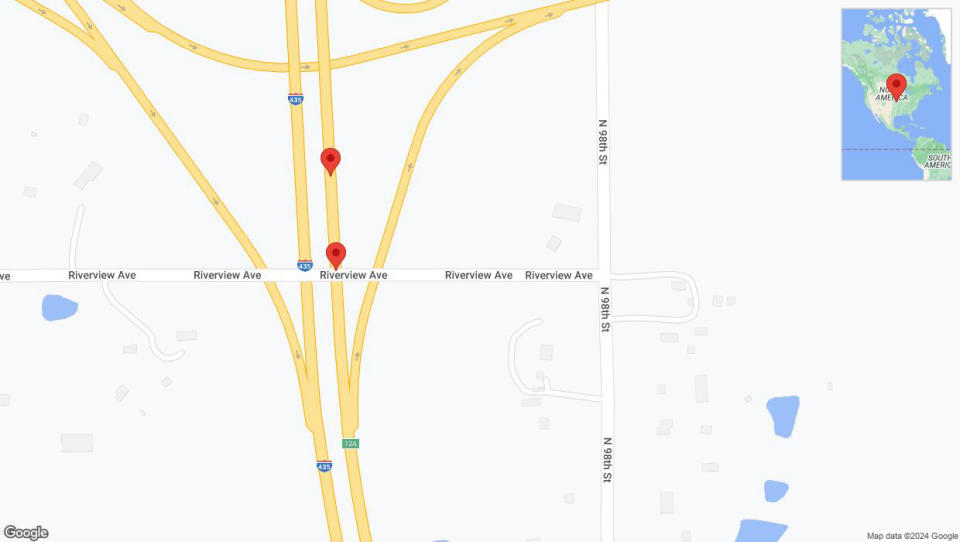 A detailed map that shows the affected road due to 'Broken down vehicle on northbound I-435 in Edwardsville' on July 24th at 9:14 p.m.