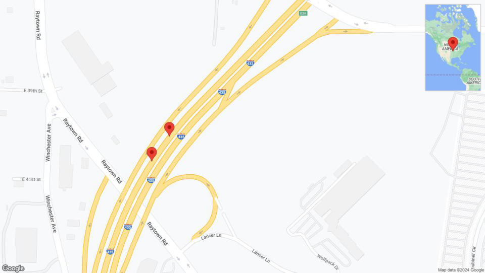 A detailed map that shows the affected road due to 'Broken down vehicle on southbound I-435 in Kansas City' on July 24th at 8:50 p.m.