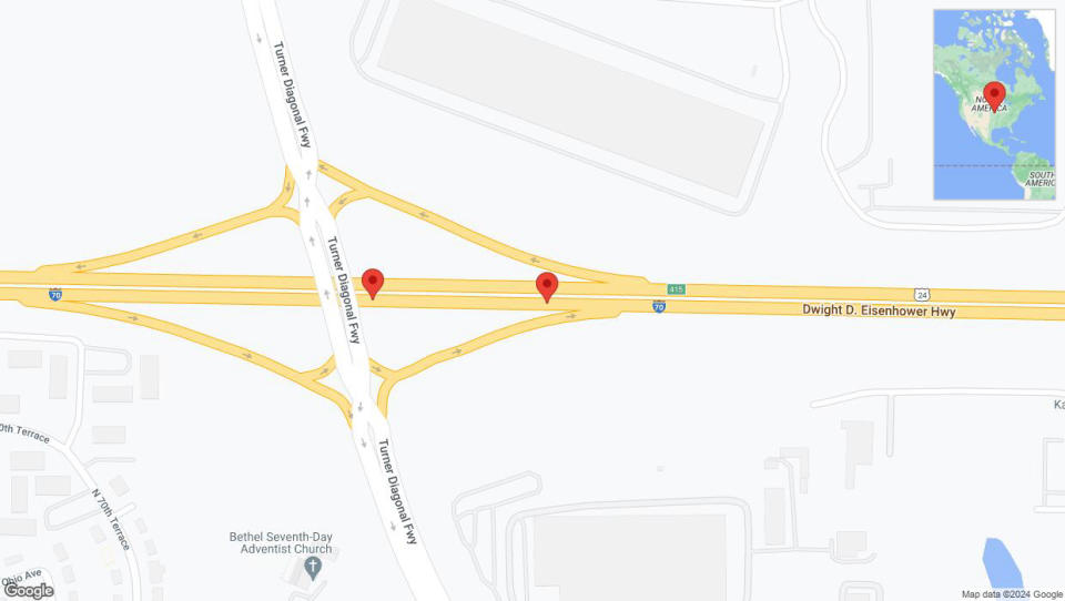 A detailed map that shows the affected road due to 'Broken down vehicle on eastbound I-70 in Kansas City' on July 24th at 4:20 p.m.