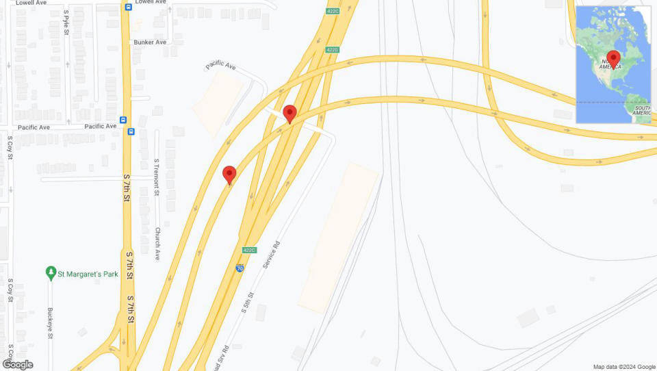 A detailed map that shows the affected road due to 'Broken down vehicle on eastbound I-670 in Kansas City' on July 24th at 5:02 p.m.