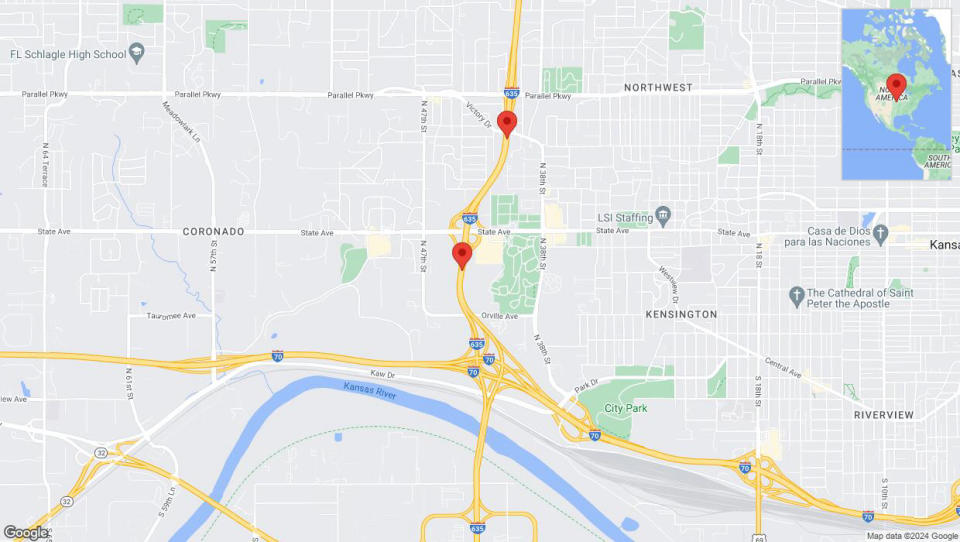 A detailed map that shows the affected road due to 'Crash reported on northbound I-635 in Kansas City' on July 24th at 6:44 p.m.