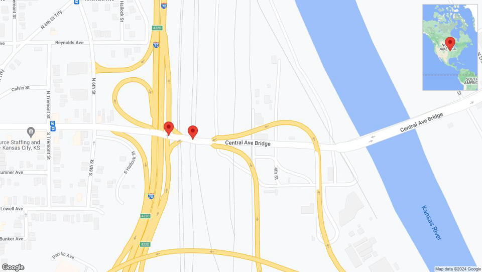 A detailed map that shows the affected road due to 'Central Avenue: bridge closed between I-70 East and South Third Street' on July 24th at 3:32 p.m.