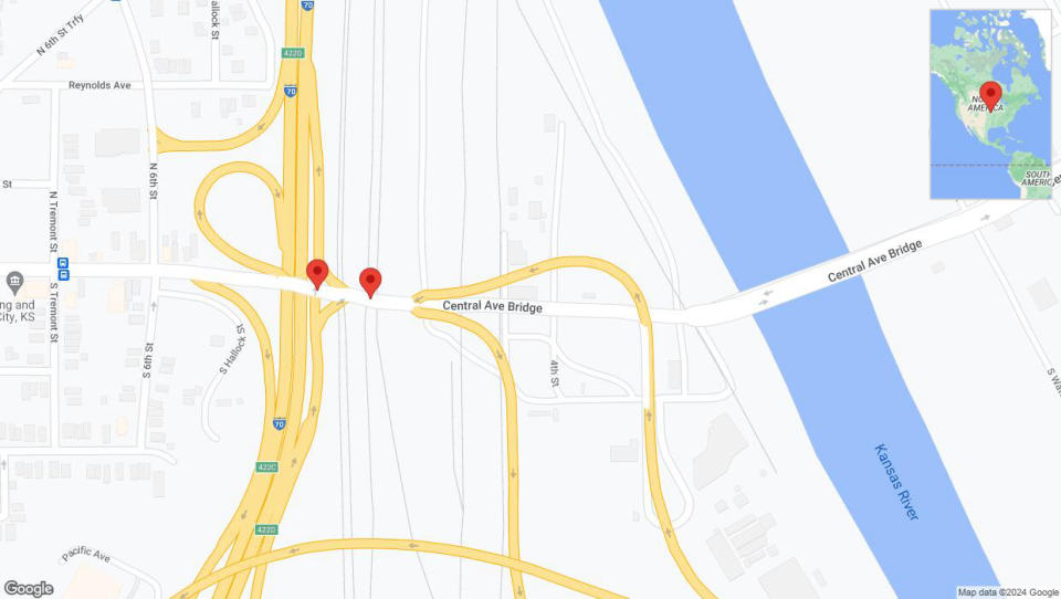 A detailed map that shows the affected road due to 'Central Avenue: bridge closed between South Third Street and I-70 East' on July 24th at 3:32 p.m.