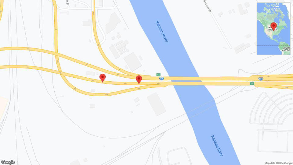 A detailed map that shows the affected road due to 'Broken down vehicle on eastbound I-670 in Kansas City' on July 24th at 2:56 p.m.