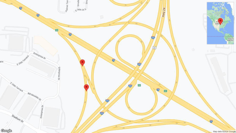 A detailed map that shows the affected road due to 'Enterprise Drive closed in Kansas City' on July 24th at 9:02 p.m.