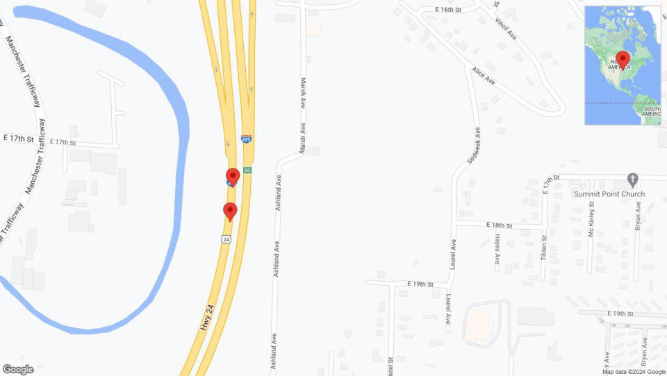 A detailed map that shows the affected road due to 'Broken down vehicle on southbound I-435 in Kansas City' on July 24th at 4:32 p.m.