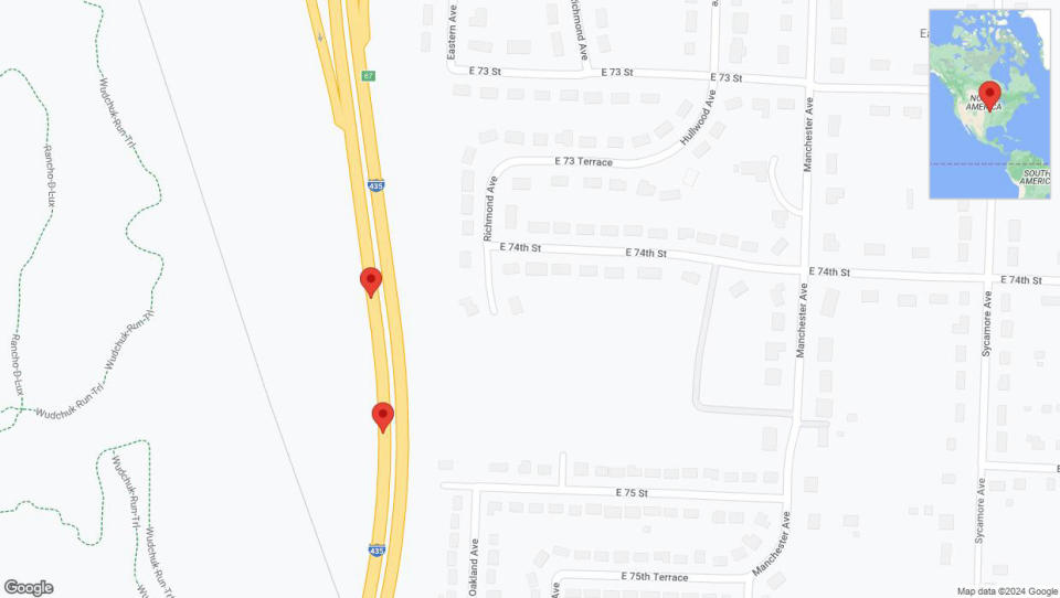 A detailed map that shows the affected road due to 'Broken down vehicle on southbound I-435 in Kansas City' on July 24th at 3:08 p.m.