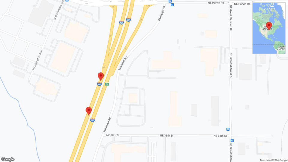 A detailed map that shows the affected road due to 'Broken down vehicle on southbound I-435 in Kansas City' on July 24th at 8:14 p.m.