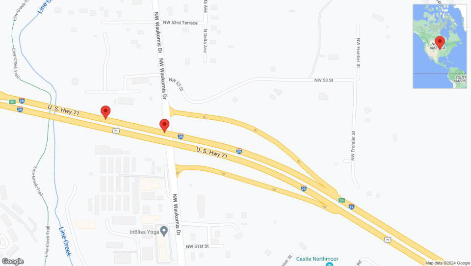 A detailed map that shows the affected road due to 'Broken down vehicle on northbound I-29 in Northmoor' on July 24th at 2:26 p.m.