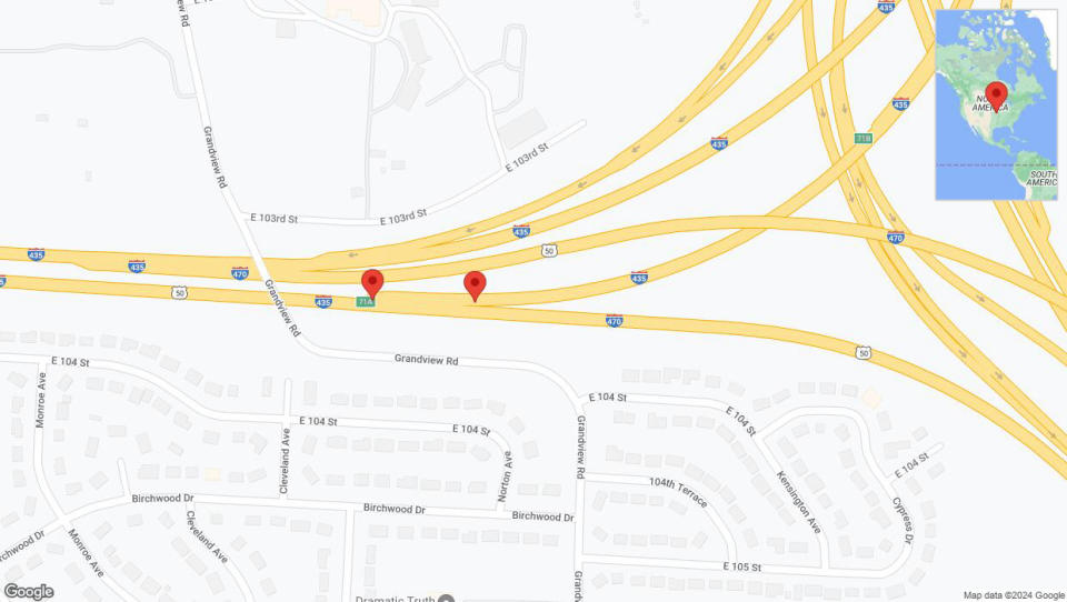 A detailed map that shows the affected road due to 'Broken down vehicle on northbound I-435 in Kansas City' on July 24th at 1:26 p.m.