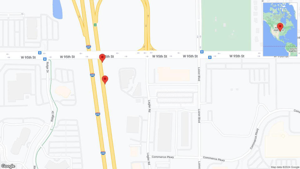 A detailed map that shows the affected road due to 'Broken down vehicle on northbound I-435 in Lenexa' on July 24th at 2:44 p.m.