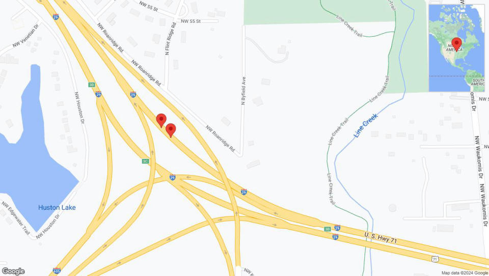 A detailed map that shows the affected road due to 'Broken down vehicle on northbound I-29 in Kansas City' on July 24th at 2:26 p.m.