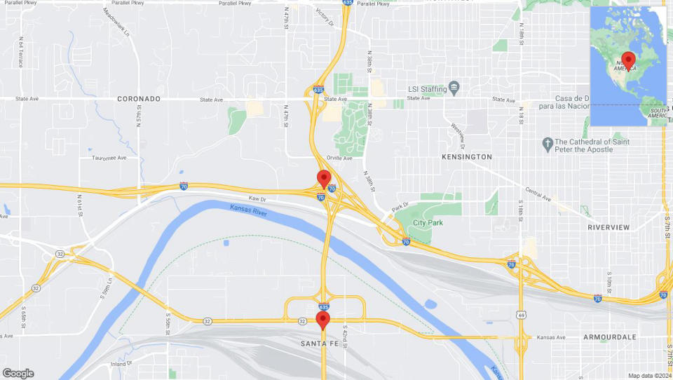 A detailed map that shows the affected road due to 'Lane on I-635 closed in Kansas City' on July 24th at 11:20 p.m.