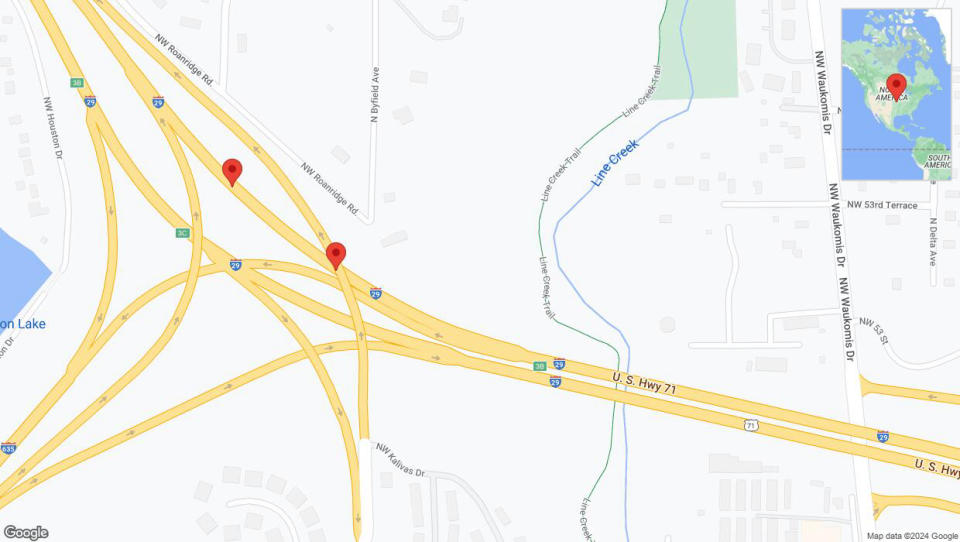 A detailed map that shows the affected road due to 'Broken down vehicle on northbound I-29 in Kansas City' on July 24th at 2:14 p.m.