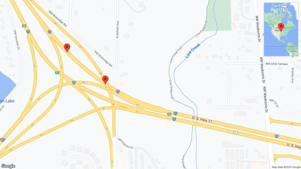 A detailed map that shows the affected road due to 'Broken down vehicle on northbound I-29 in Kansas City' on July 24th at 2:20 p.m.