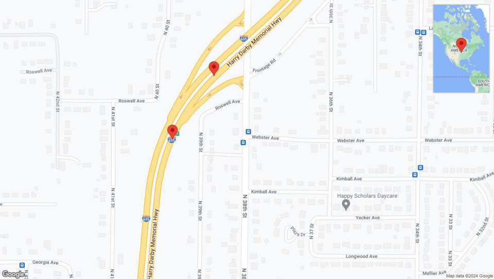 A detailed map that shows the affected road due to 'Broken down vehicle on northbound I-635 in Kansas City' on July 24th at 1:56 p.m.