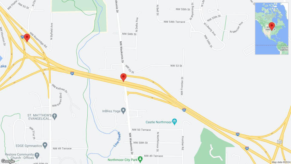 A detailed map that shows the affected road due to 'Broken down vehicle on northbound I-29 in Northmoor' on July 24th at 2:08 p.m.