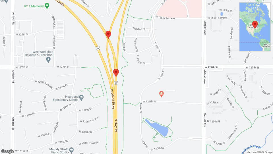 A detailed map that shows the affected road due to 'Broken down vehicle on northbound US-69 in Overland Park' on July 24th at 5:56 p.m.