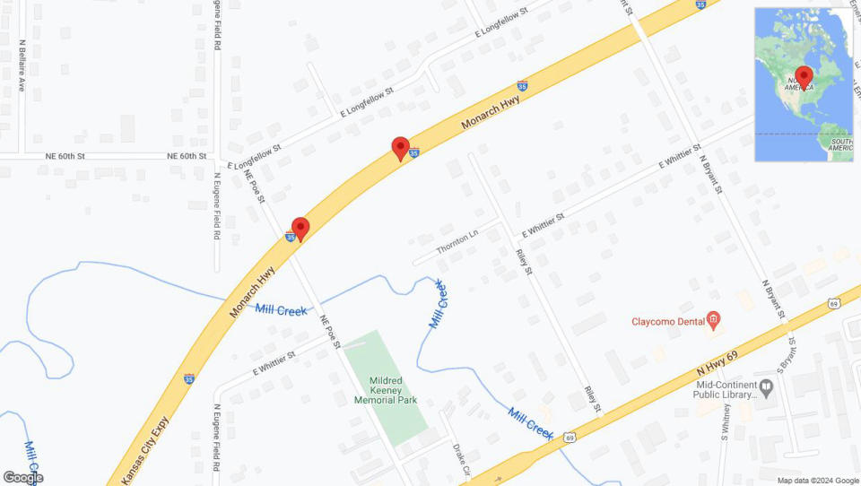 A detailed map that shows the affected road due to 'Broken down vehicle on northbound I-35 in Kansas City' on July 24th at 2:50 p.m.