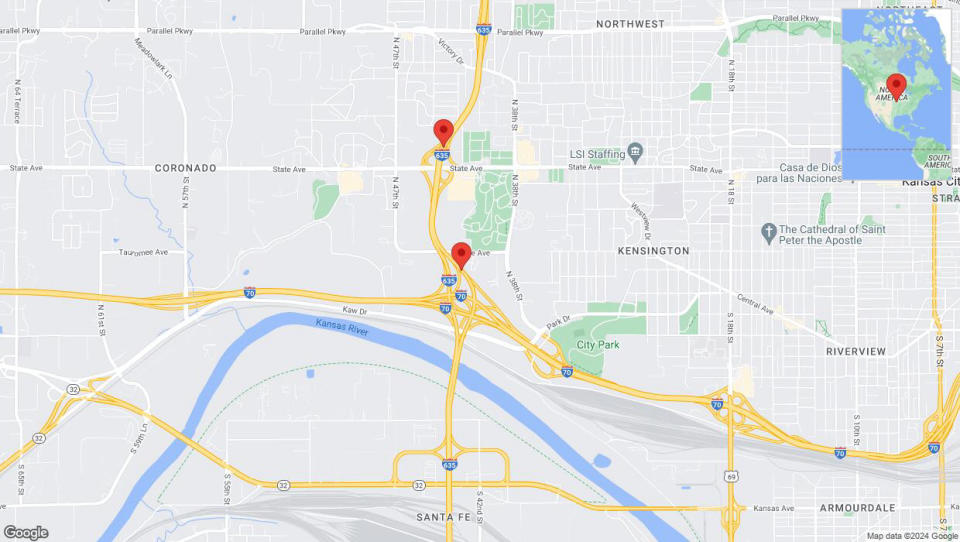 A detailed map that shows the affected road due to 'Lane on I-635 closed in Kansas City' on July 24th at 10:20 p.m.