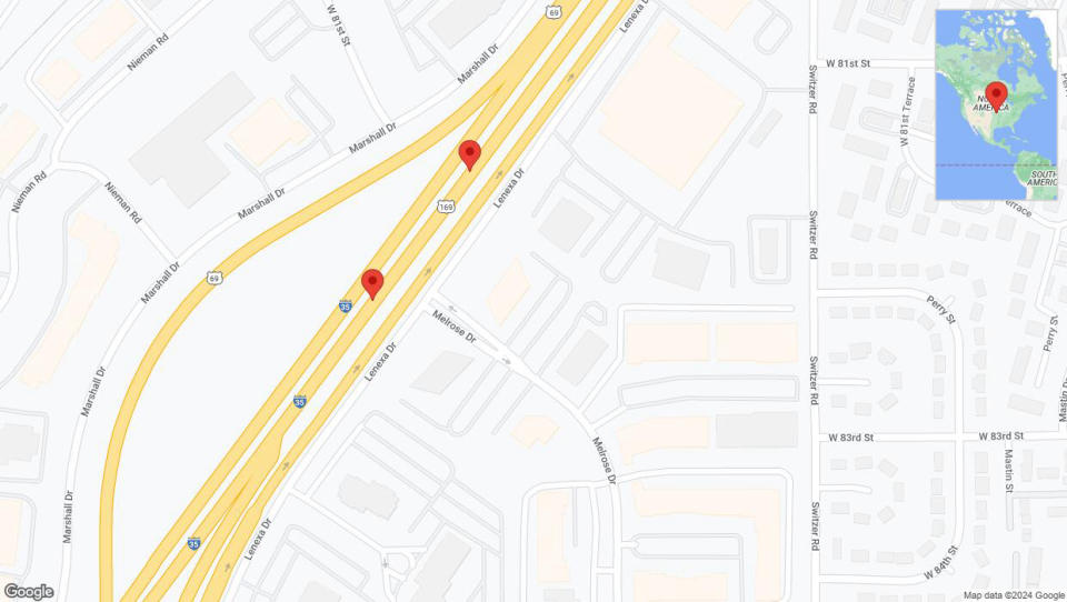 A detailed map that shows the affected road due to 'Broken down vehicle on eastbound I-35 in Lenexa' on July 24th at 2:50 p.m.