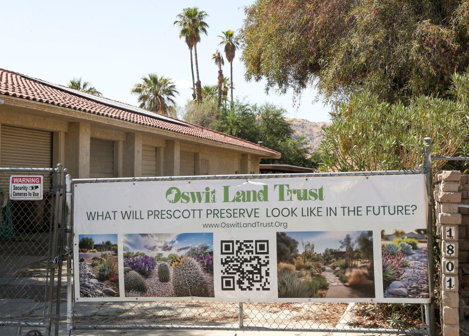 A sign for the Prescott Preserve can be seen outside a maintenance building in Palm Springs, Calif., July 19, 2024.