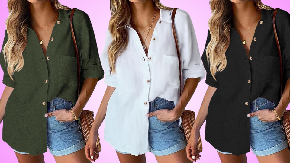 three models wearing the button-down shirt in three different colors