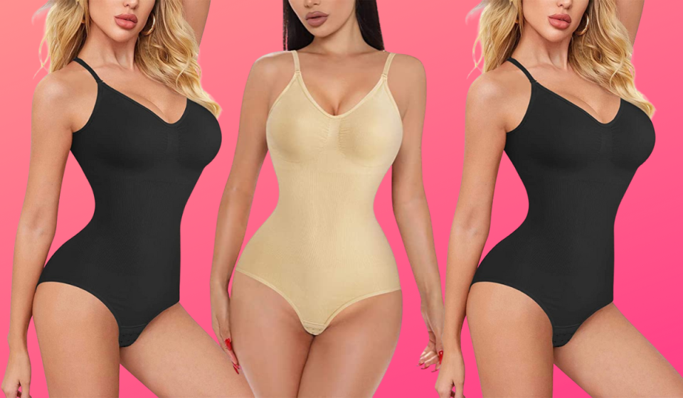 3 women wearing one-piece bodysuits in beige and black