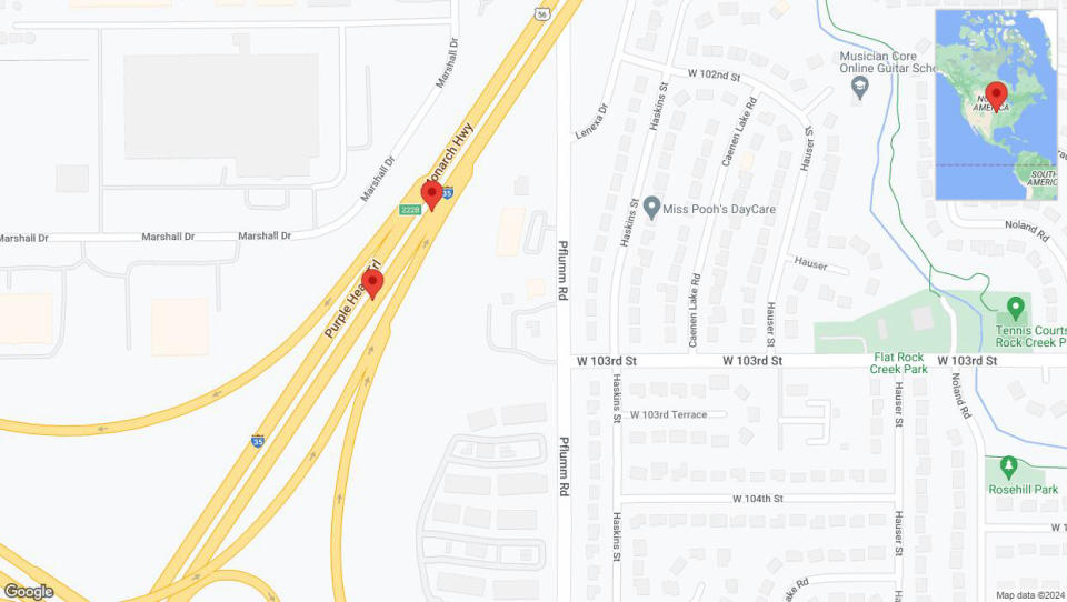 A detailed map that shows the affected road due to 'Broken down vehicle on eastbound I-35 in Lenexa' on July 25th at 6:26 p.m.