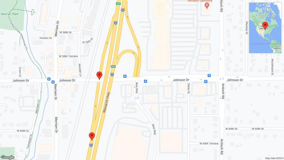 A detailed map that shows the affected road due to 'Broken down vehicle on Interstate 35 in Merriam' on July 25th at 12:20 p.m.