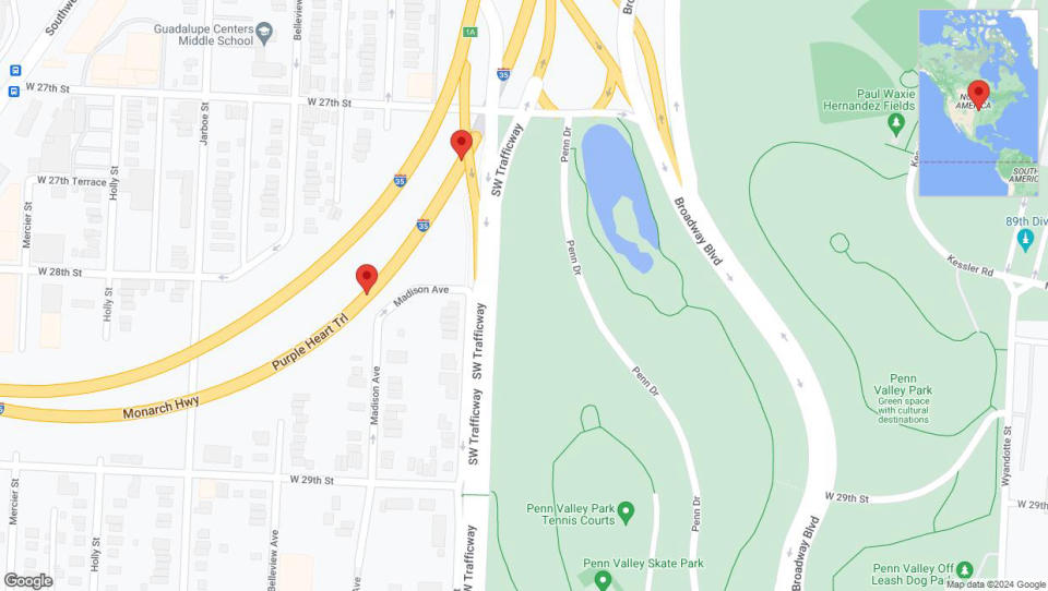 A detailed map that shows the affected road due to 'Broken down vehicle on northbound I-35 in Kansas City' on July 25th at 12:14 p.m.