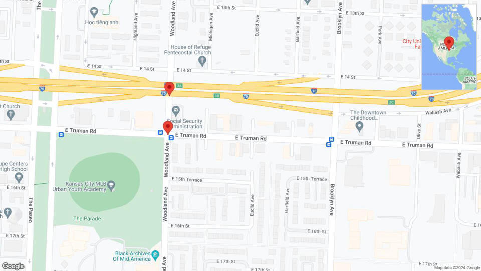 A detailed map that shows the affected road due to 'East Truman Road temporarily closed in Kansas City' on July 25th at 9:38 p.m.