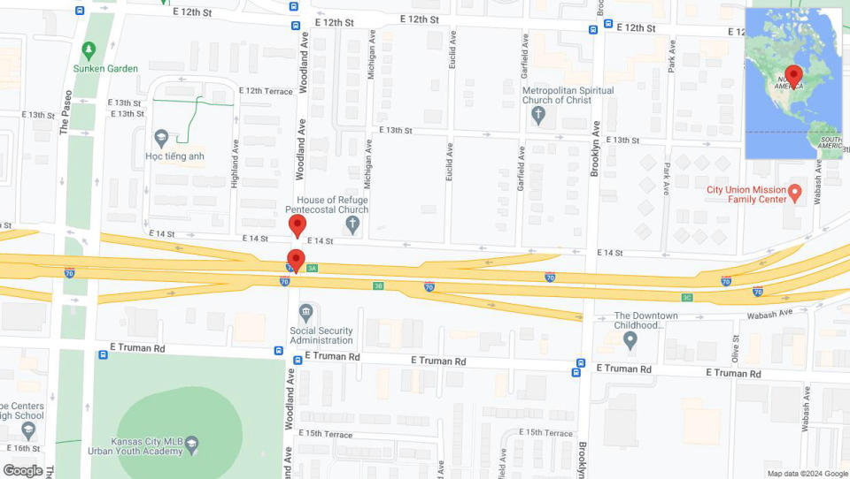 A detailed map that shows the affected road due to 'East 14th Street closed in Kansas City' on July 25th at 1:02 p.m.