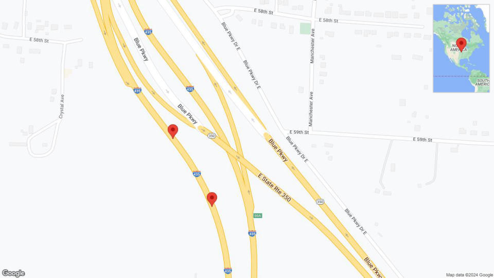 A detailed map that shows the affected road due to 'Broken down vehicle on southbound I-435 in Kansas City' on July 25th at 7:20 p.m.