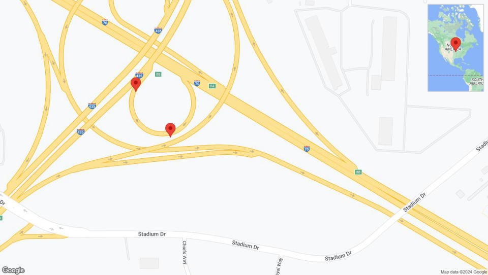 A detailed map that shows the affected road due to 'Broken down vehicle on the George Brett Super Highway in Kansas City' on July 25th at 4:50 p.m.