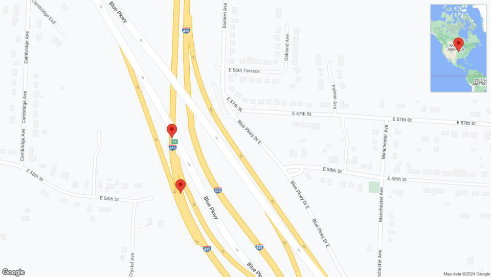 A detailed map that shows the affected road due to 'Broken down vehicle on southbound I-435 in Kansas City' on July 25th at 3:50 p.m.