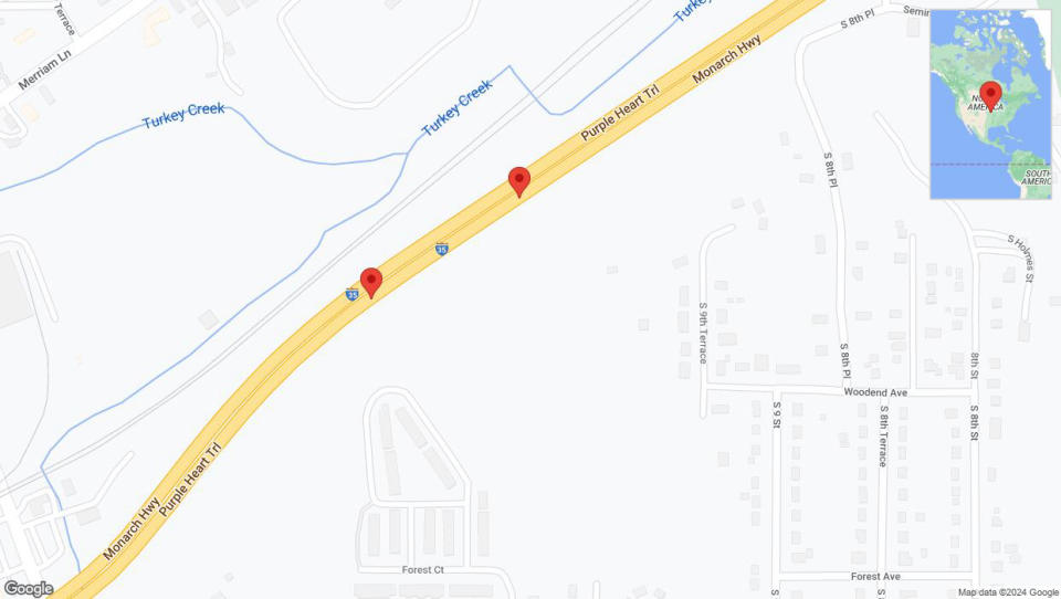 A detailed map that shows the affected road due to 'Broken down vehicle on northbound I-35 in Kansas City' on July 25th at 5:02 p.m.