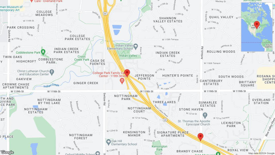 A detailed map that shows the affected road due to 'Lane on US-69 closed in Overland Park' on July 25th at 8:20 p.m.