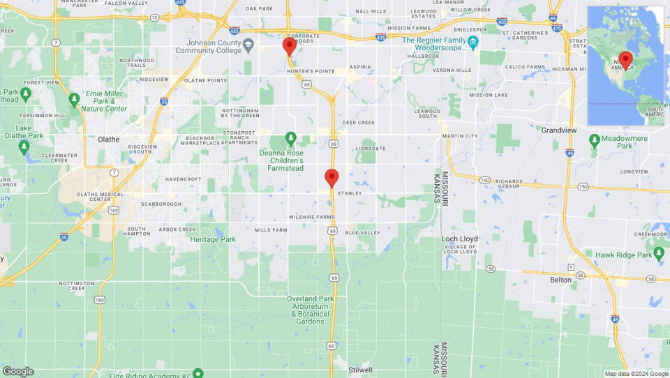 A detailed map that shows the affected road due to 'Lane on US-69 closed in Overland Park' on July 25th at 4:20 p.m.