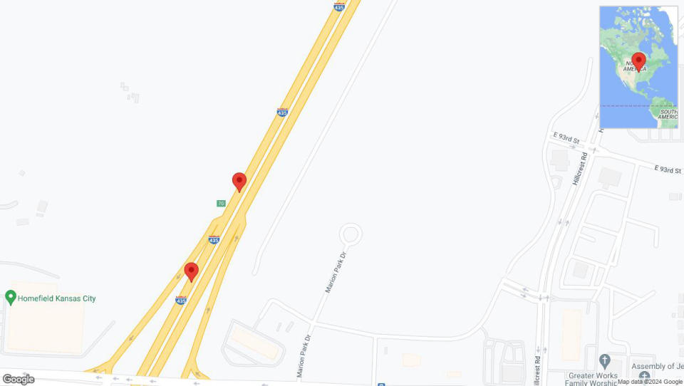 A detailed map that shows the affected road due to 'Broken down vehicle on southbound I-435 in Kansas City' on July 26th at 4:29 p.m.