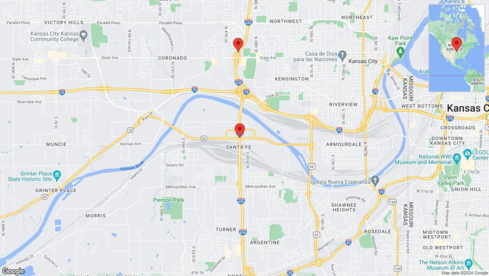 A detailed map that shows the affected road due to 'Lane on I-635 closed in Kansas City' on July 26th at 11:23 p.m.