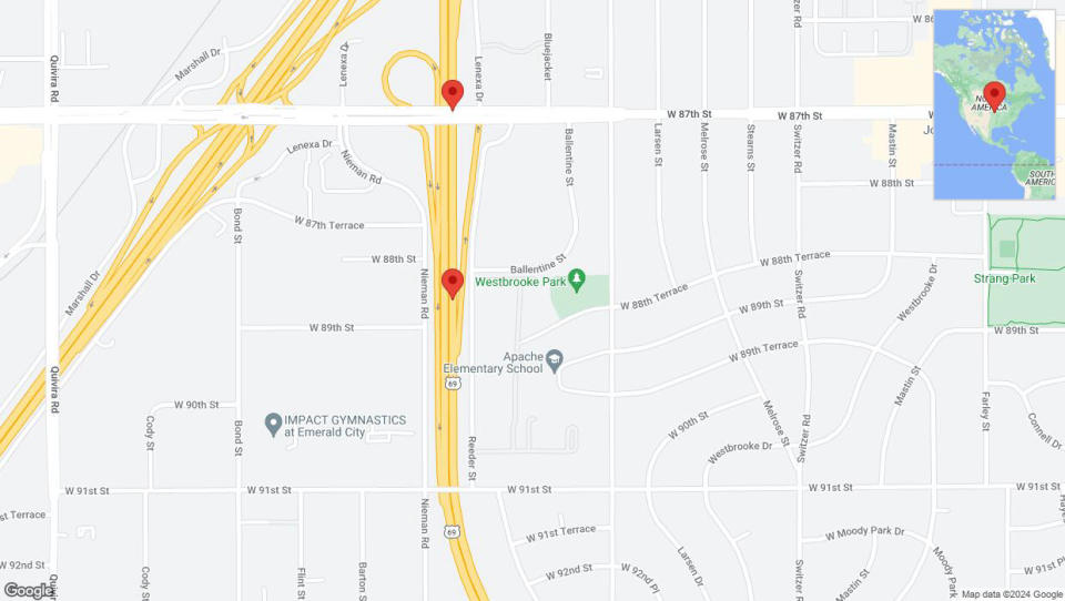 A detailed map that shows the affected road due to 'Broken down vehicle on northbound US-69 in Overland Park' on July 26th at 11:59 p.m.