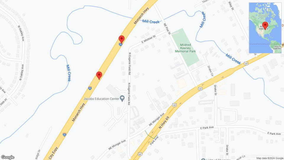 A detailed map that shows the affected road due to 'Broken down vehicle on northbound I-35 in Kansas City' on July 26th at 5:05 p.m.