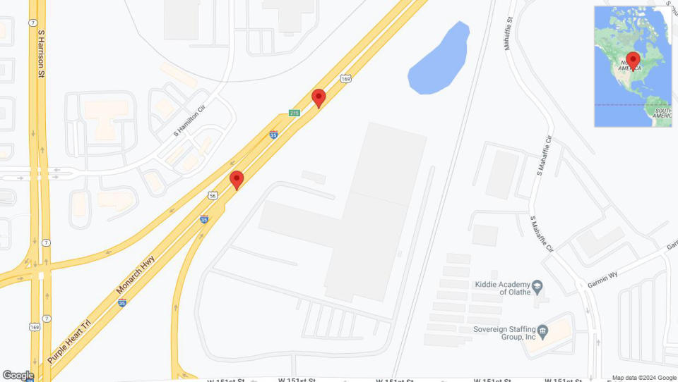 A detailed map that shows the affected road due to 'Broken down vehicle on eastbound I-35 in Olathe' on July 26th at 2:35 p.m.