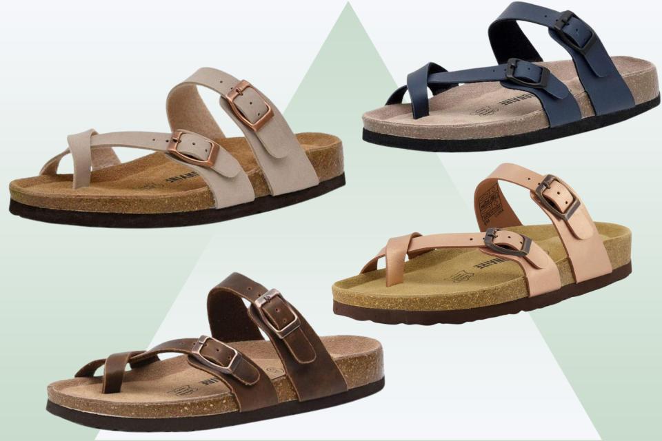 Four colors of cork-bedded sandals.